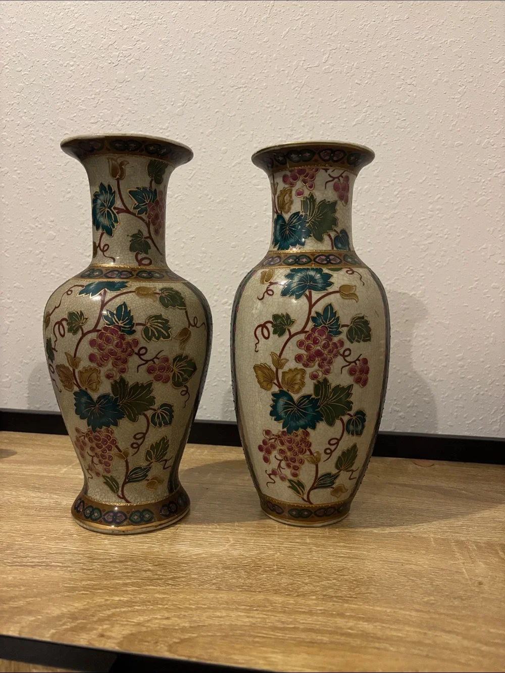Decorative Floral Grape Porcelain Vases - Pair, Cream with Teal and Burgundy